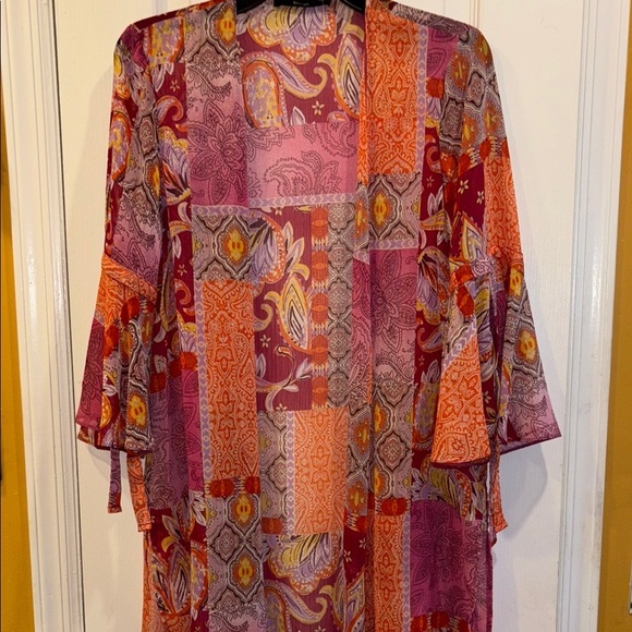 GEORGE BRAND  BRIGHT COLORS KIMONO PINKS/ORANGE/PURPLE BELL SLEEVES WITH TIES - Picture 2 of 14